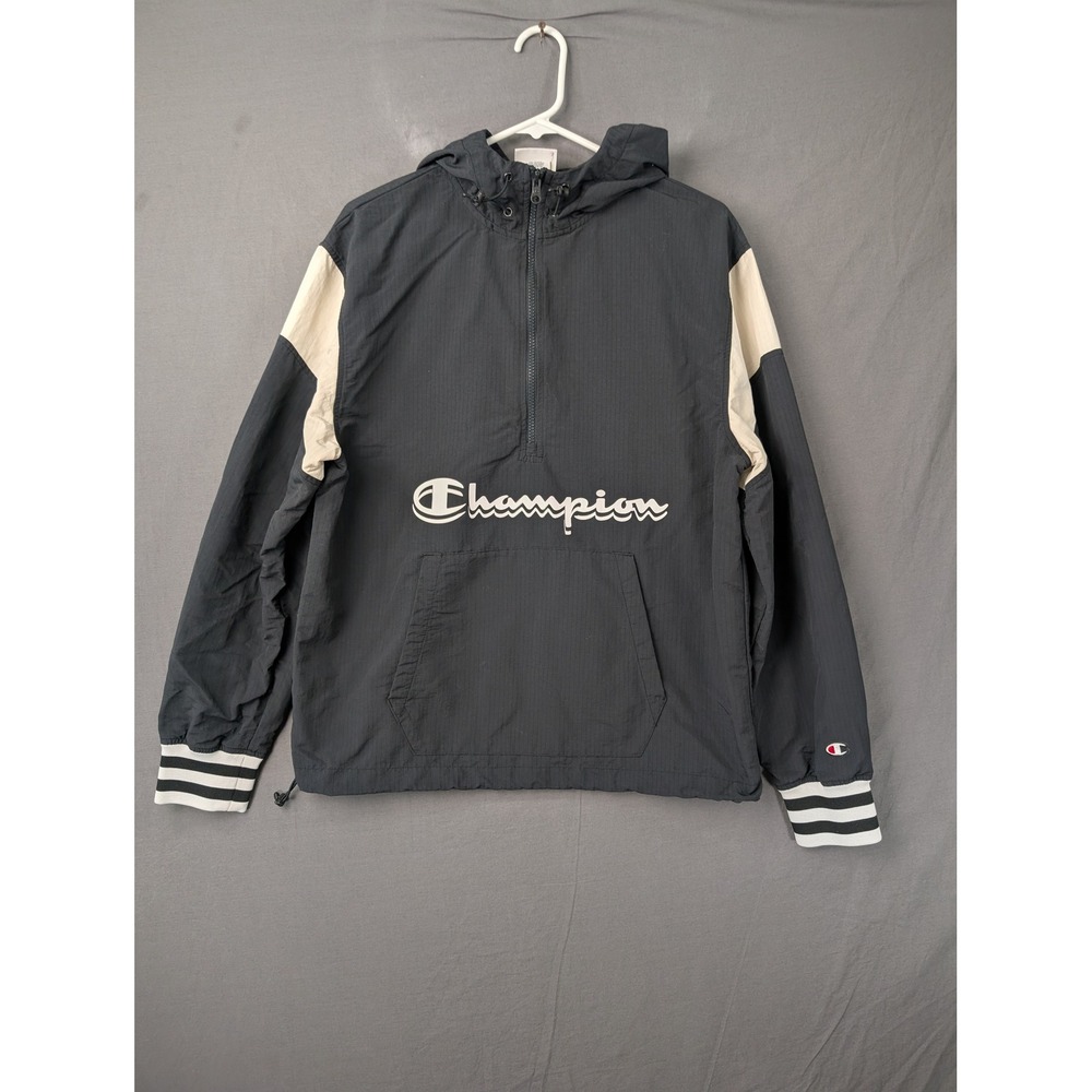 Champion Mens Windbreaker Jacket Black White Half Zip Pullover Medium 5360